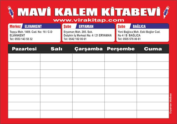 Mavi Kalem Kitabevi Çarpım Tablosu ve Haftalık Ders Pro