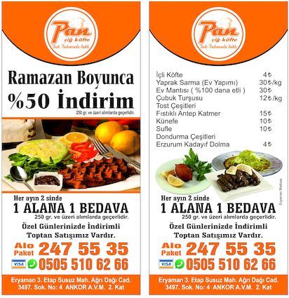 Pan Çiğ Köfte Ramazan Ayı Kampanyası El İlanı