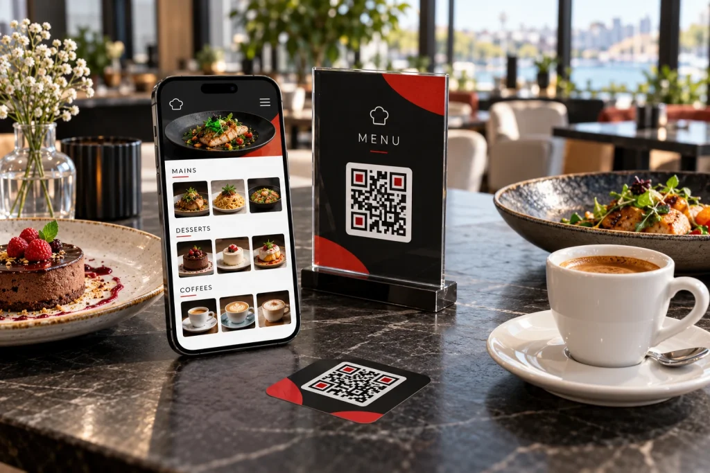 Telefon ekranında dijital menü, masa üzeri QR standı ve etiket mockupı
