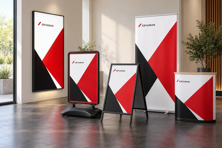 Işıklı pano, reklam dubası, ayaklı afiş, roll-up ve stand mockupları