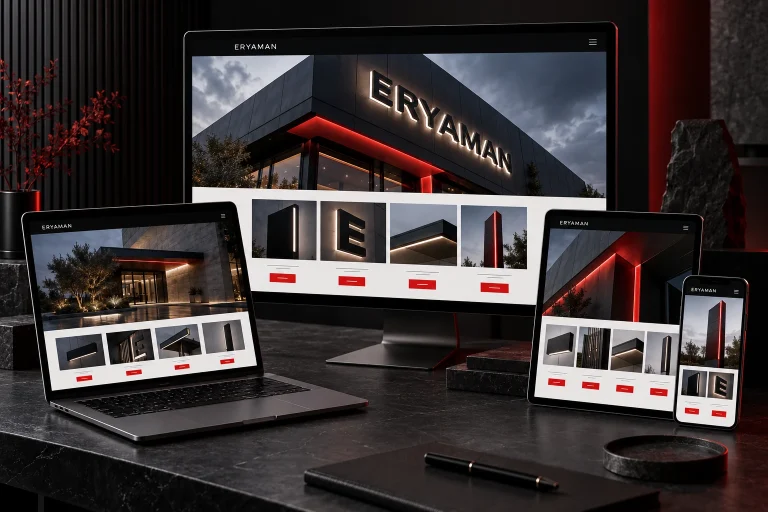 Masaüstü, dizüstü, tablet ve telefonda kurumsal web sitesi örnek mockupı
